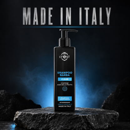 CREST Beard Shampoo da 200 ml su pietra vulcanica scura con illuminazione azzurro-ciano e scritta Made in Italy.