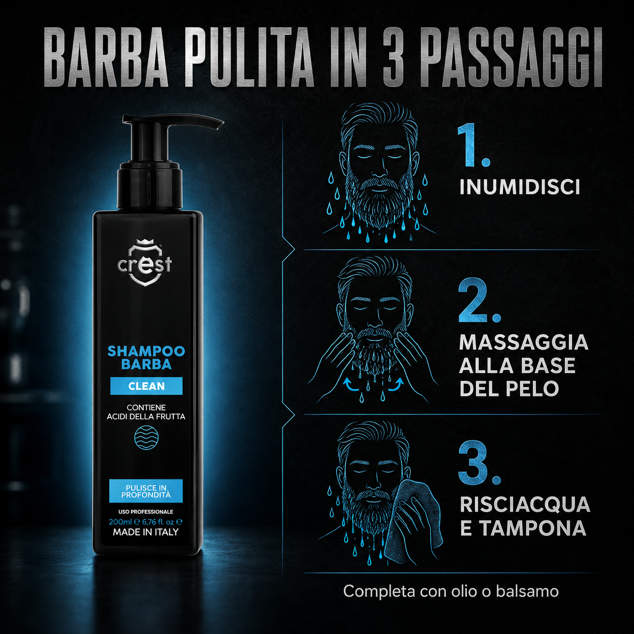 Modalità d’uso di CREST Beard Shampoo in tre passaggi: inumidire, massaggiare la barba, risciacquare e tamponare.