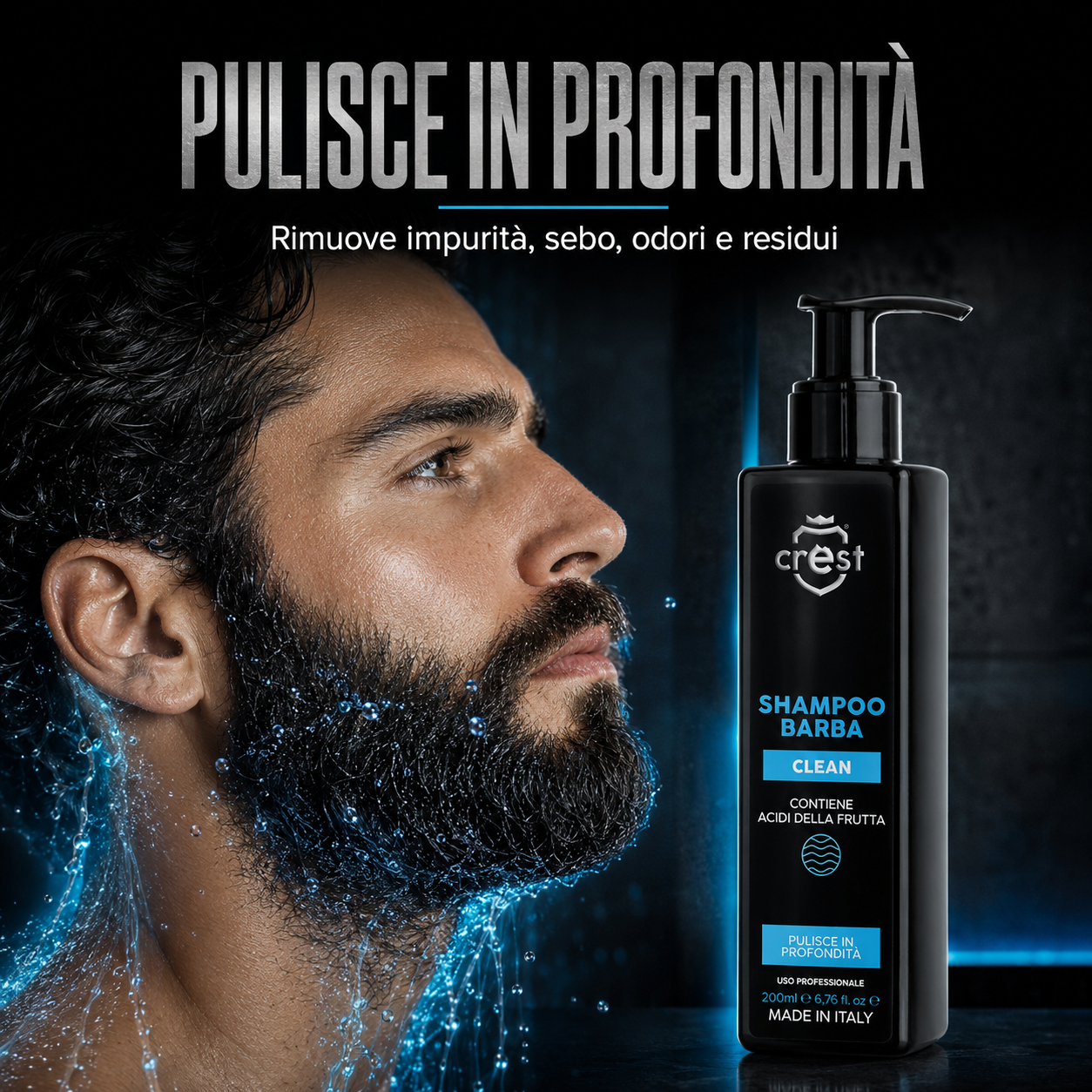 CREST Beard Shampoo da 200 ml con un modello durante la detersione profonda della barba per rimuovere impurità, sebo e residui.
