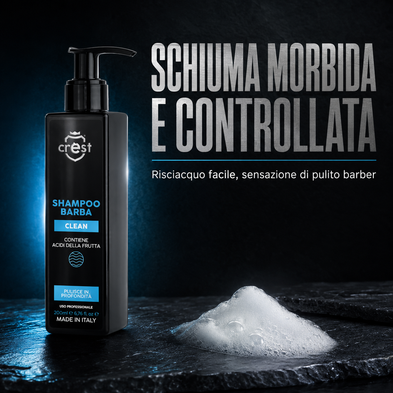 CREST Beard Shampoo da 200 ml con schiuma detergente morbida e controllata su una superficie scura.