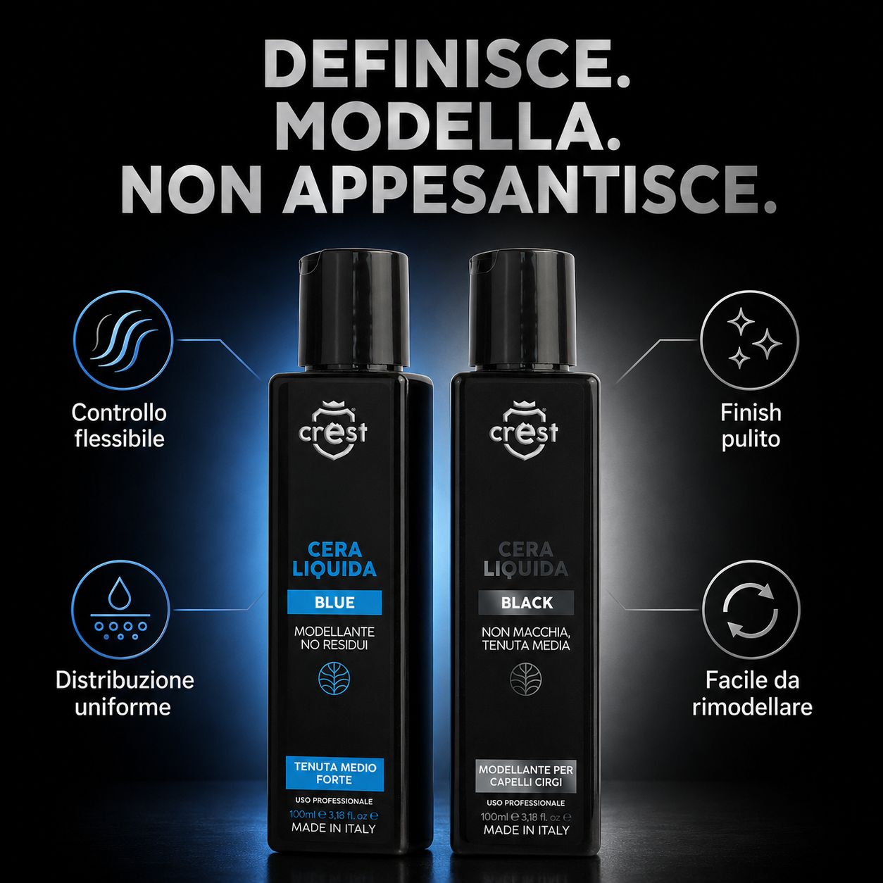 Benefici CREST Cera Liquida Blue e Black: controllo flessibile, finish pulito, distribuzione uniforme e styling rimodellabile.