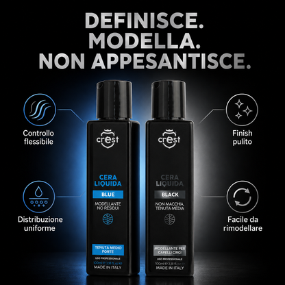 Benefici CREST Cera Liquida Blue e Black: controllo flessibile, finish pulito, distribuzione uniforme e styling rimodellabile.