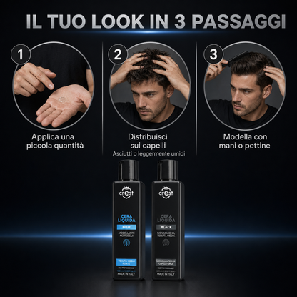 Come usare CREST Cera Liquida Blue e Black: applicare una piccola quantità, distribuire sui capelli e modellare.