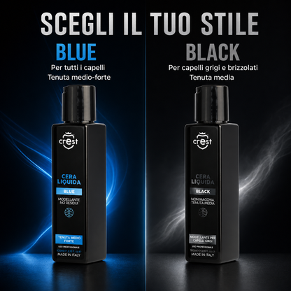 Confronto CREST Cera Liquida Blue per tutti i capelli a tenuta medio-forte e Black per capelli grigi e brizzolati a tenuta media.