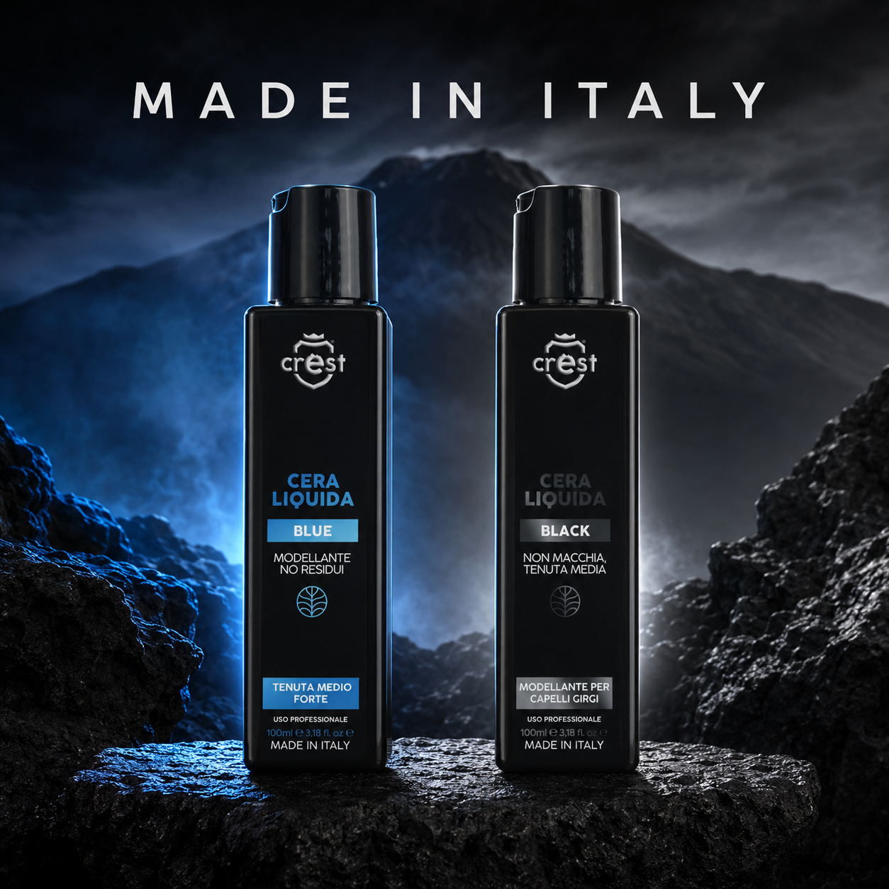 CREST Cera Liquida Blue e Black Made in Italy, ambientate su pietra lavica con l’Etna sullo sfondo.