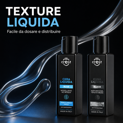 CREST Cera Liquida Blue e Black con texture fluida facile da dosare e distribuire uniformemente sui capelli.