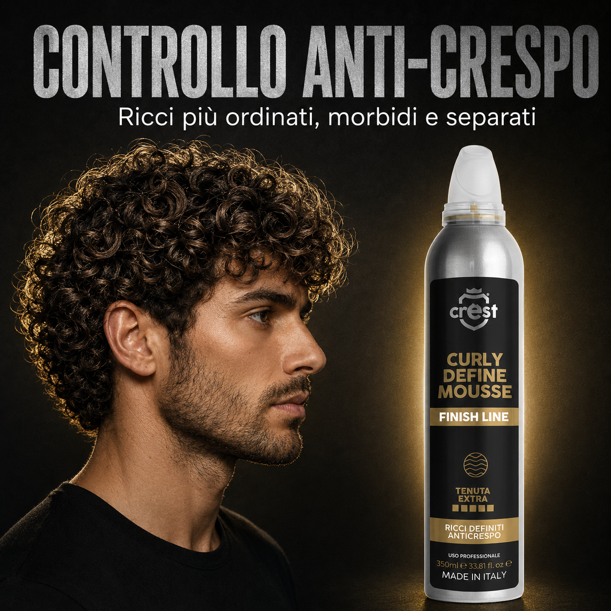 CREST Curl Define Mousse con modello dai ricci ordinati, morbidi e definiti per comunicare il controllo anti-crespo.