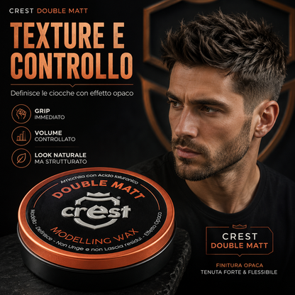 Immagine Shopify della CREST Double Matt cera modellante opaca con focus su texture e controllo, ideale per definire le ciocche con effetto opaco, grip immediato, volume controllato e look naturale ma strutturato.