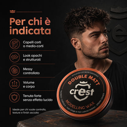 Immagine Shopify della CREST Double Matt cera modellante opaca indicata per capelli corti o medio-corti, look opachi e strutturati, messy controllato, volume e corpo, con tenuta forte senza effetto lucido.