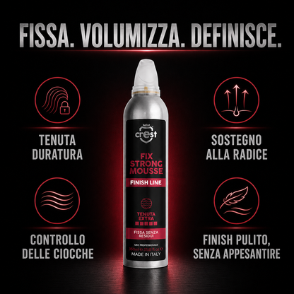 CREST Fix Strong Mousse con i benefici tenuta duratura, sostegno alla radice, controllo delle ciocche e finish pulito senza appesantire.