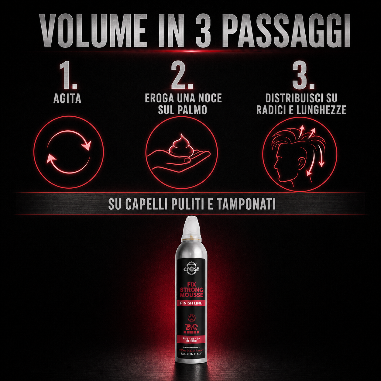Modalità d’uso di CREST Fix Strong Mousse in tre passaggi: agitare, erogare una noce sul palmo e distribuire su radici e lunghezze.