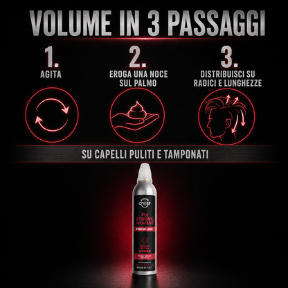 Modalità d’uso di CREST Fix Strong Mousse in tre passaggi: agitare, erogare una noce sul palmo e distribuire su radici e lunghezze.