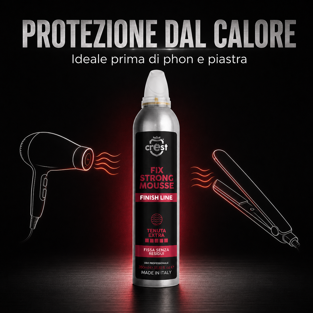 CREST Fix Strong Mousse con illustrazioni di phon e piastra per comunicare la protezione dei capelli dal calore durante lo styling.