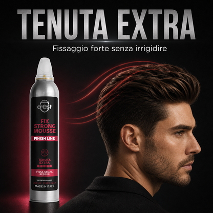 CREST Fix Strong Mousse a tenuta extra con modello maschile dallo styling definito e fissato senza effetto rigido.
