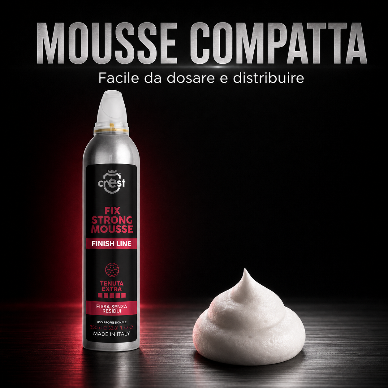 CREST Fix Strong Mousse con una noce di mousse bianca dalla texture compatta, facile da dosare e distribuire.