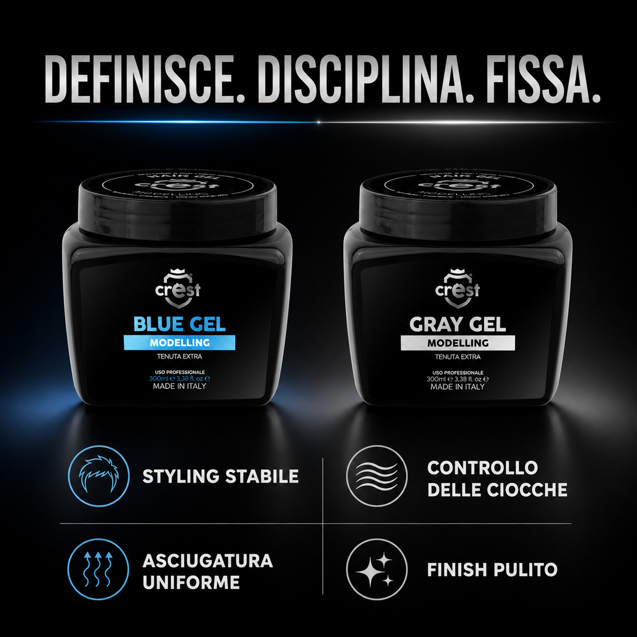 CREST Hair Gel Blue e Gray da 300 ml con i benefici styling stabile, controllo delle ciocche, asciugatura uniforme e finish pulito.