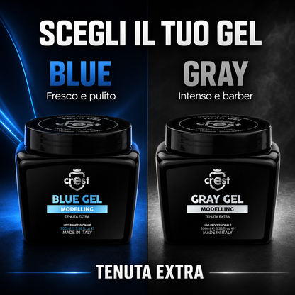 Confronto CREST Hair Gel Blue fresco e pulito e Gray intenso e barber, entrambi a tenuta extra.