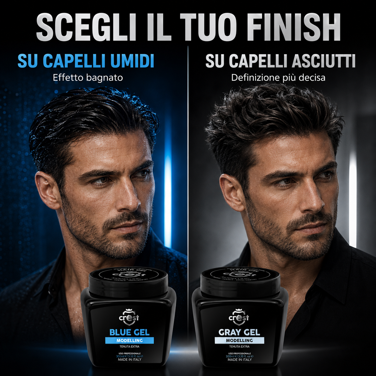 CREST Hair Gel Blue e Gray: effetto bagnato sui capelli umidi o definizione più decisa sui capelli asciutti.