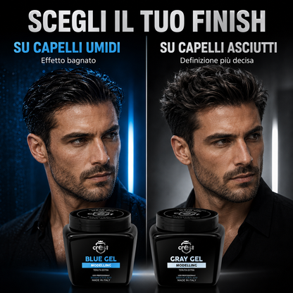 CREST Hair Gel Blue e Gray: effetto bagnato sui capelli umidi o definizione più decisa sui capelli asciutti.