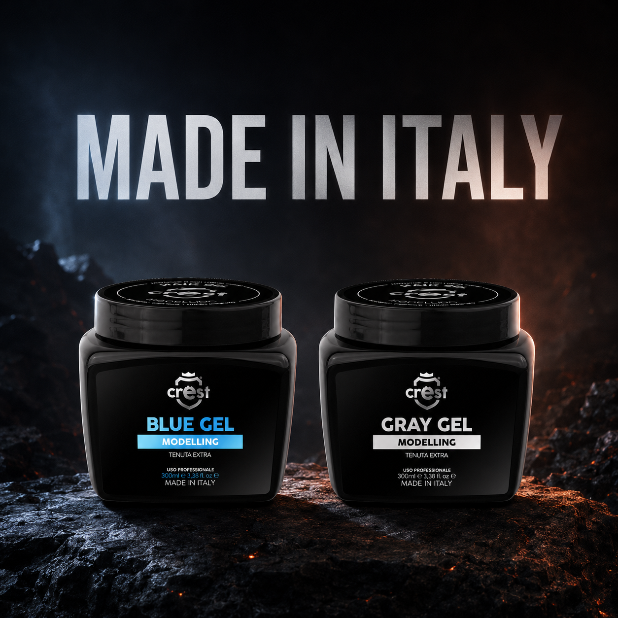 CREST Hair Gel Blue e Gray da 300 ml su pietra lavica in un’ambientazione premium ispirata all’Etna e al Made in Italy.
