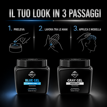 Modalità d’uso di CREST Hair Gel Blue e Gray in tre passaggi: preleva, lavora tra le mani, applica e modella.