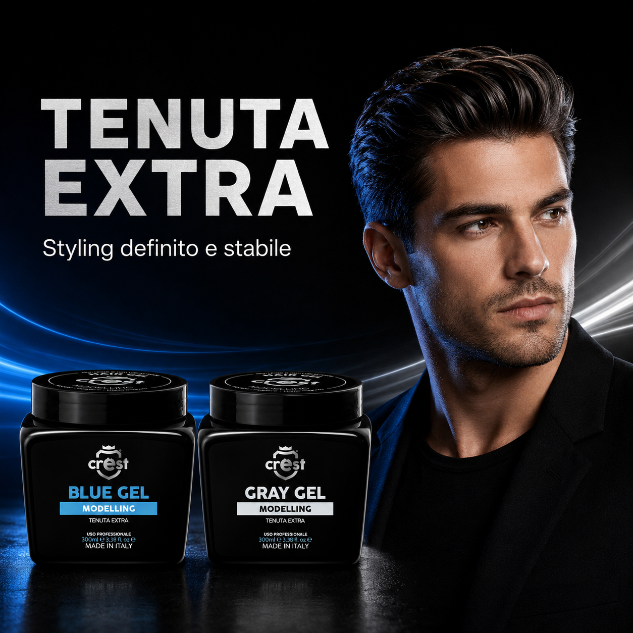 CREST Hair Gel Blue e Gray a tenuta extra per uno styling maschile definito, stabile e ordinato.