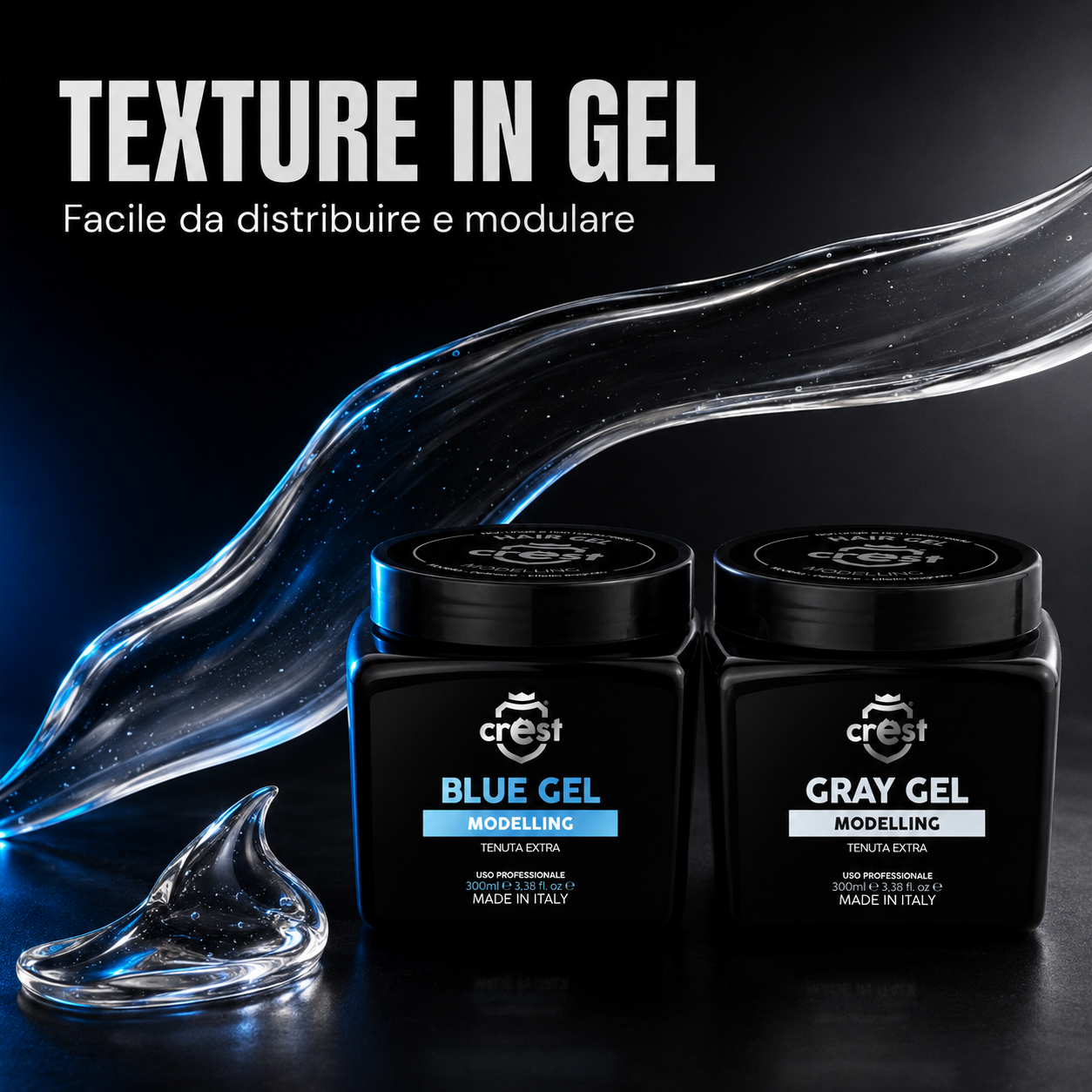 CREST Hair Gel Blue e Gray con texture in gel facile da distribuire e modulare per uno styling controllato.