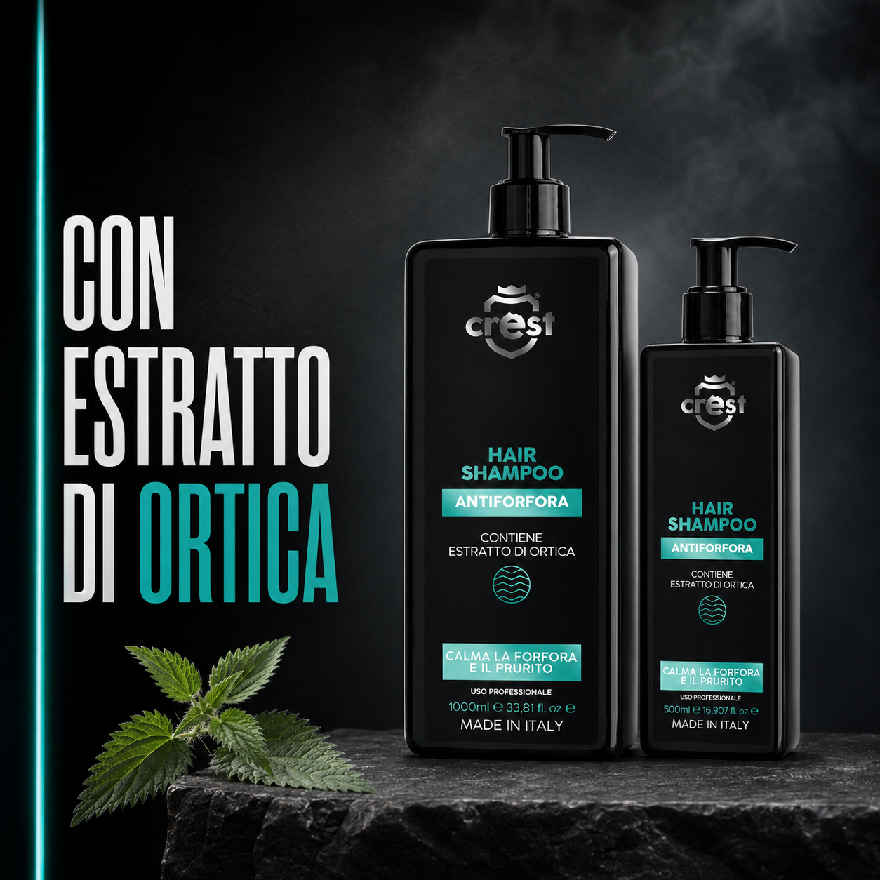 Flaconi CREST Hair Shampoo Antiforfora da 1000 ml e 500 ml con foglie di ortica rappresentate in modo naturale.