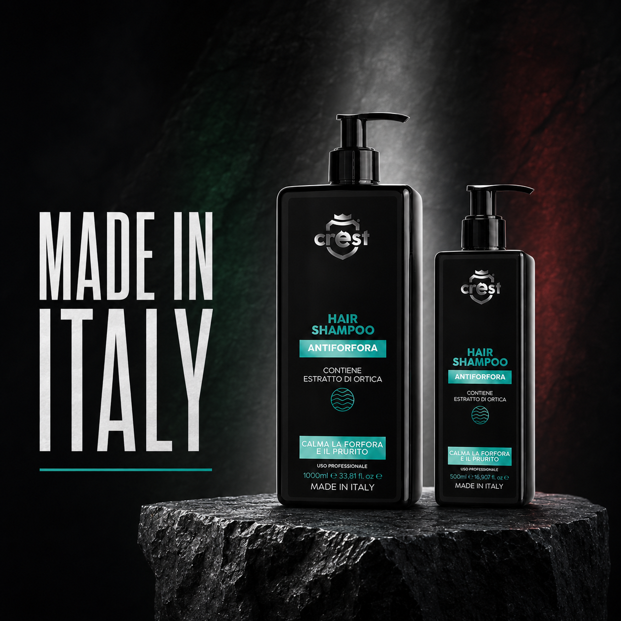 Flaconi CREST Hair Shampoo Antiforfora da 1000 ml e 500 ml su base minerale con illuminazione ispirata al tricolore italiano.