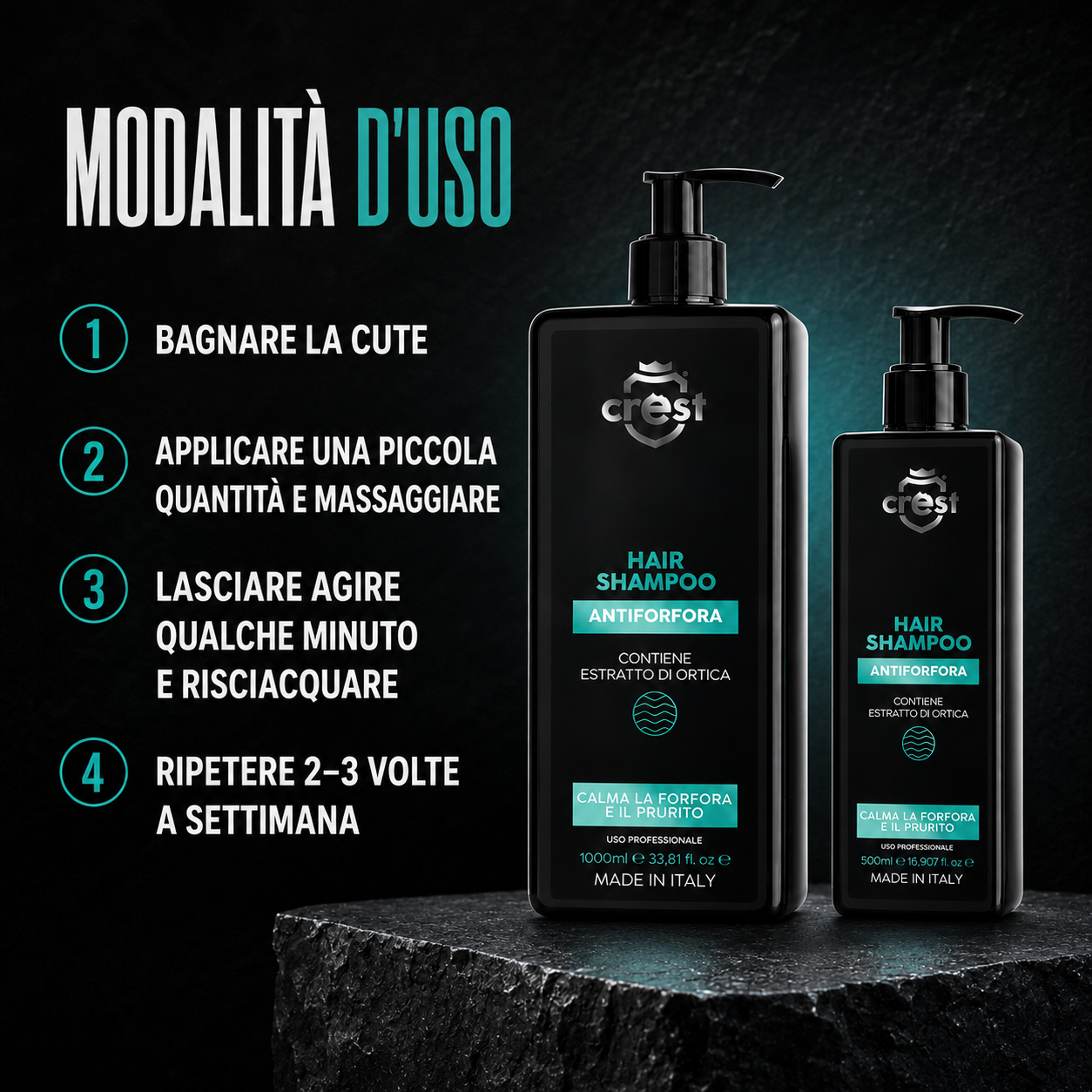 Modalità d’uso del CREST Hair Shampoo Antiforfora con i flaconi da 1000 ml e 500 ml e quattro passaggi di applicazione.