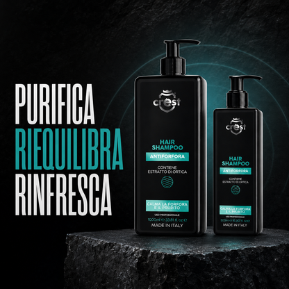 Flaconi CREST Hair Shampoo Antiforfora da 1000 ml e 500 ml su base minerale, con i benefici purifica, riequilibra e rinfresca.