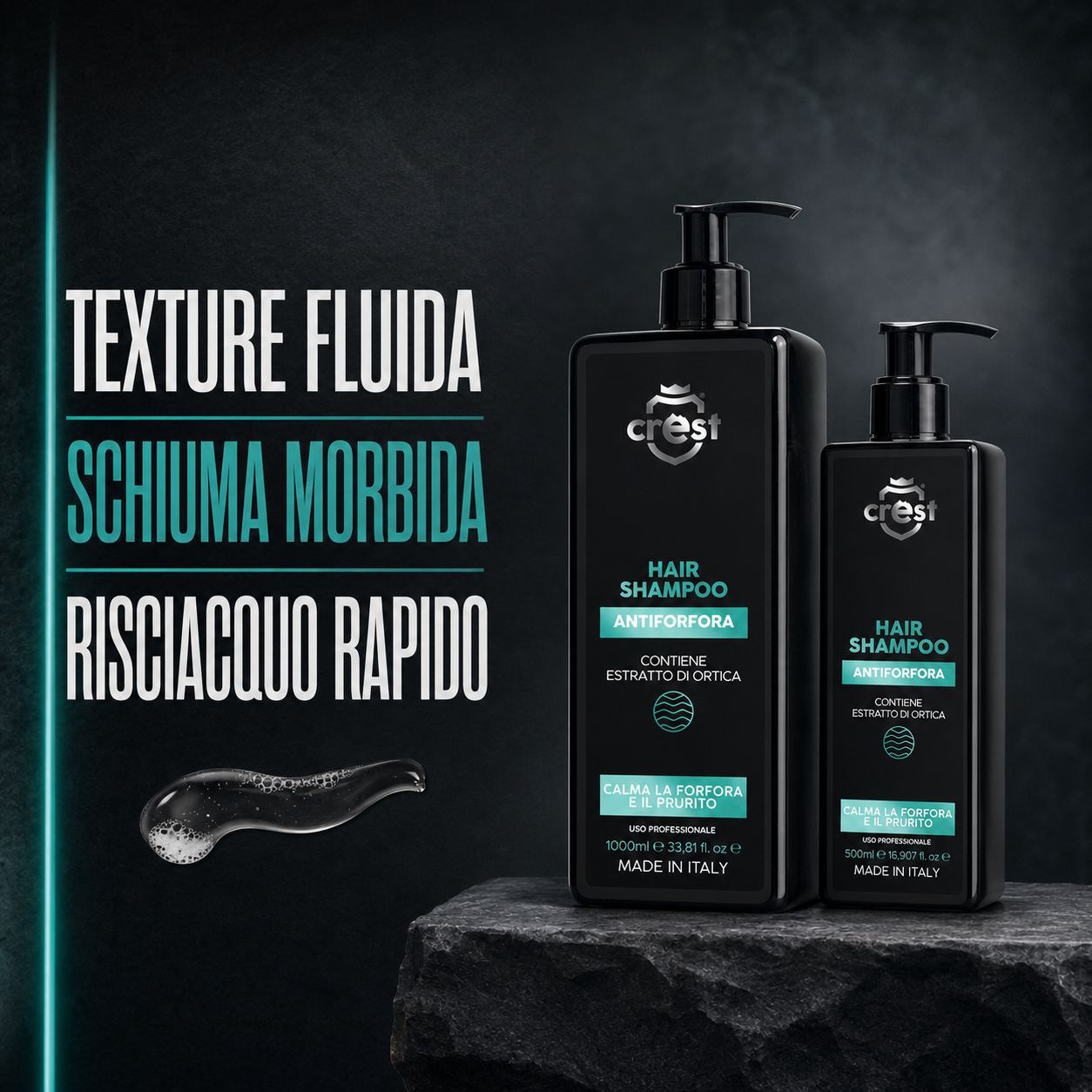 Flaconi CREST Hair Shampoo Antiforfora da 1000 ml e 500 ml accanto a una piccola texture fluida trasparente con schiuma morbida.