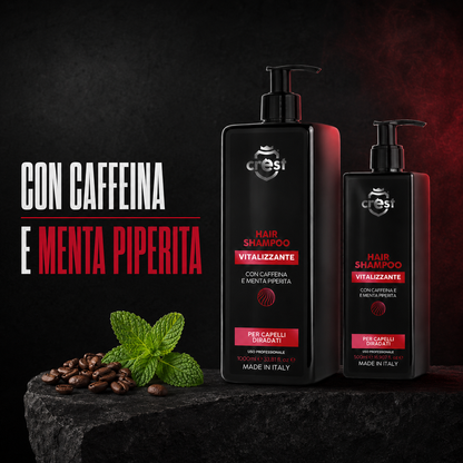 Flaconi CREST Hair Shampoo Vitalizzante da 1000 ml e 500 ml con chicchi di caffè e foglie di menta piperita.