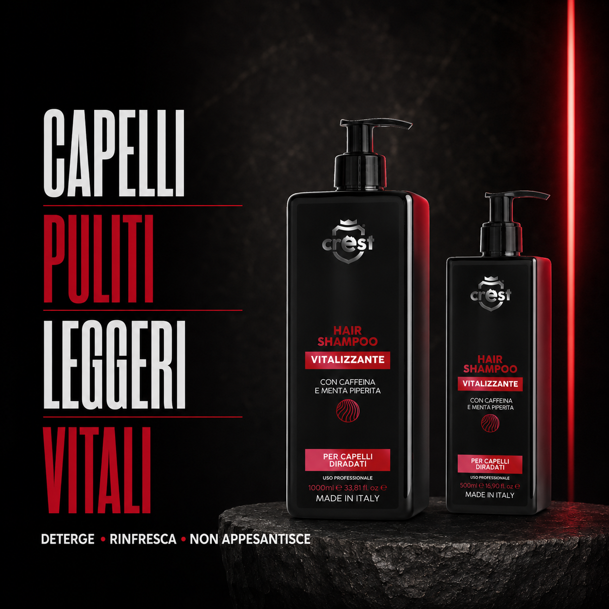 Flaconi CREST Hair Shampoo Vitalizzante da 1000 ml e 500 ml con riepilogo dei benefici per capelli puliti, leggeri e vitali.
