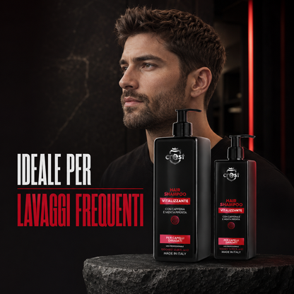 Modello con capelli puliti accanto ai flaconi CREST Hair Shampoo Vitalizzante da 1000 ml e 500 ml, ideale per lavaggi frequenti.