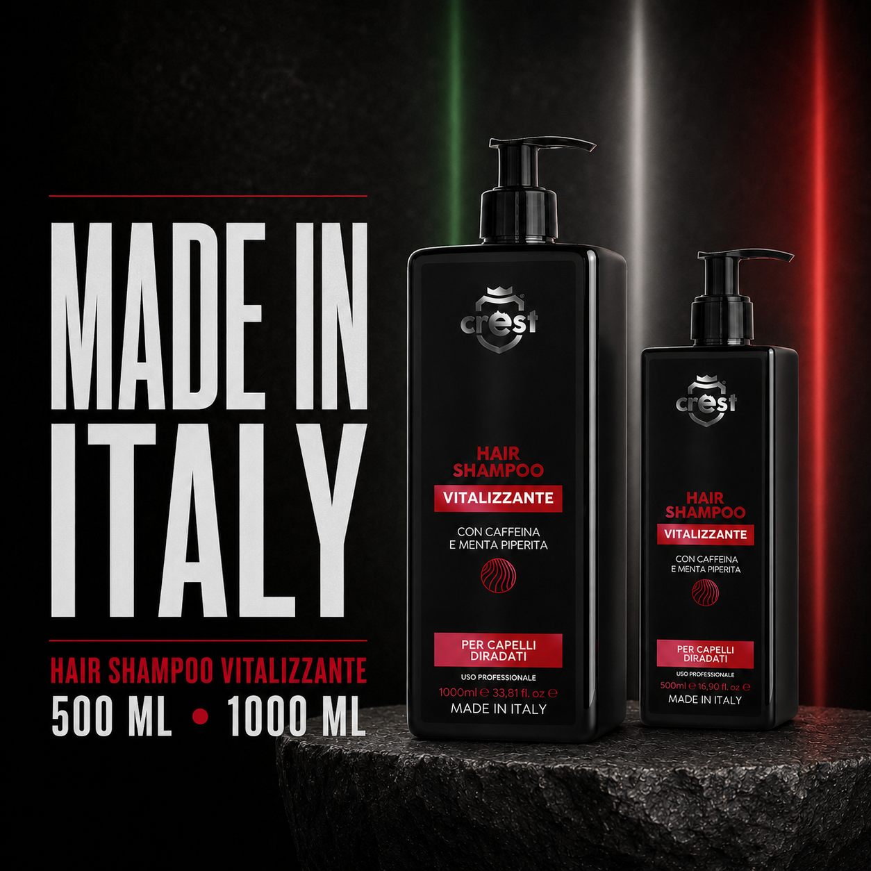 Flaconi CREST Hair Shampoo Vitalizzante da 1000 ml e 500 ml su pietra scura con illuminazione tricolore e messaggio Made in Italy.