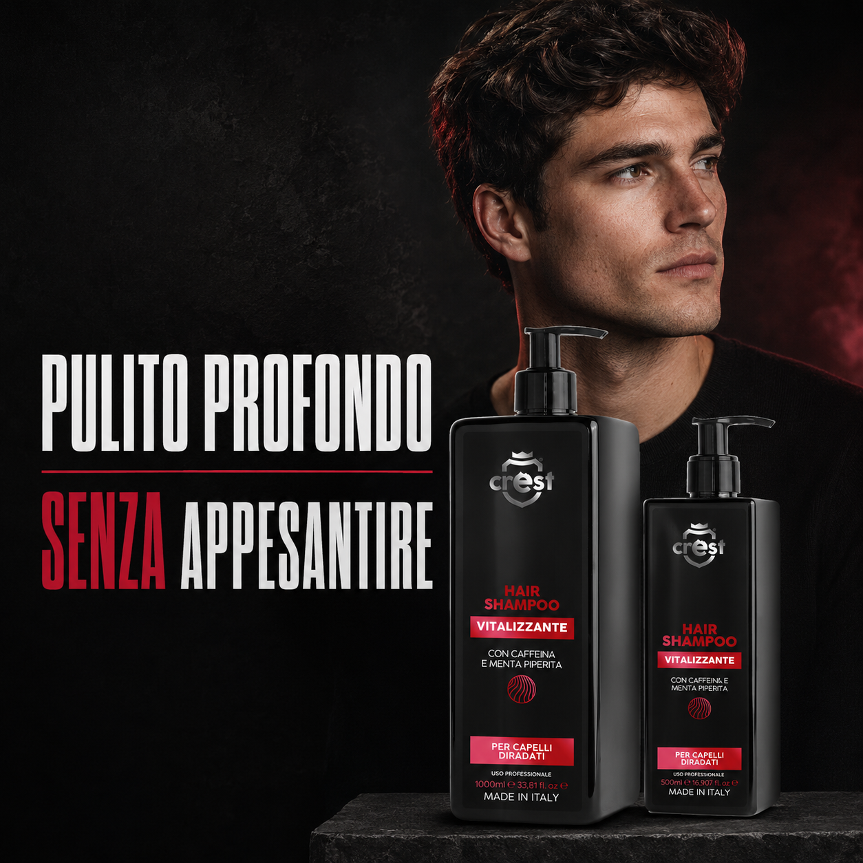 Modello con capelli puliti e leggeri accanto ai flaconi CREST Hair Shampoo Vitalizzante da 1000 ml e 500 ml.