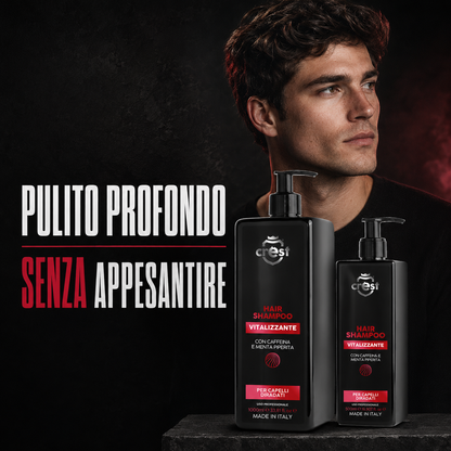 Modello con capelli puliti e leggeri accanto ai flaconi CREST Hair Shampoo Vitalizzante da 1000 ml e 500 ml.