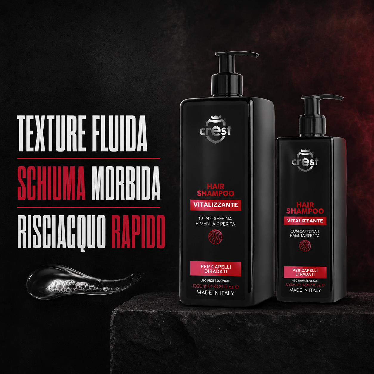 Flaconi CREST Hair Shampoo Vitalizzante da 1000 ml e 500 ml accanto a una piccola texture fluida trasparente con schiuma morbida.