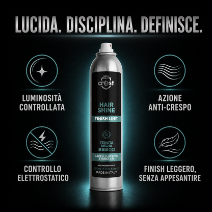 CREST Hair Shine con i benefici luminosità controllata, azione anticrespo, controllo elettrostatico e finish leggero senza appesantire.