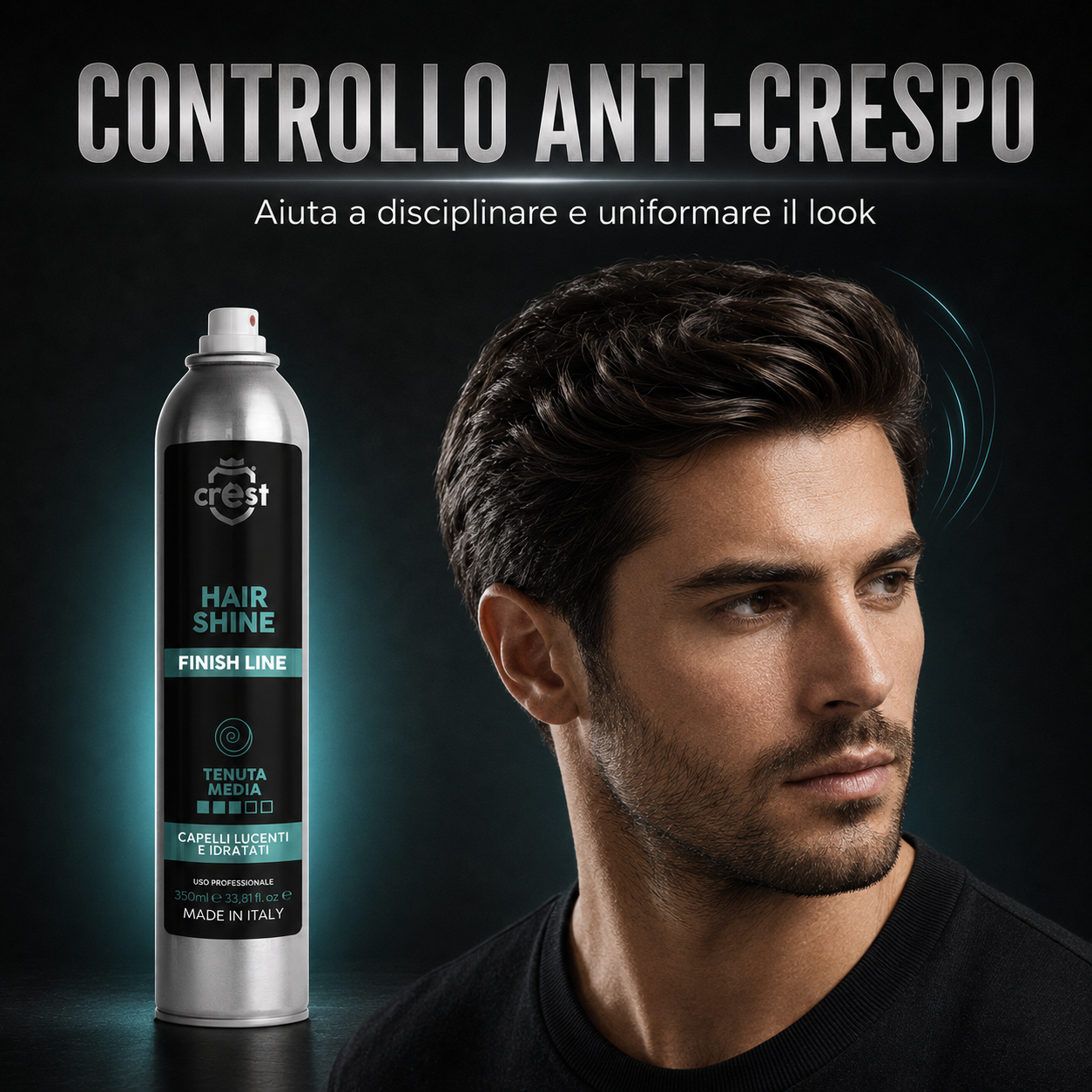 CREST Hair Shine con modello maschile dai capelli definiti e disciplinati, per aiutare a controllare l’effetto crespo.
