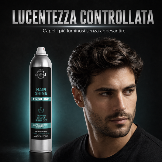 CREST Hair Shine con modello maschile dai capelli luminosi e definiti, per una lucentezza controllata senza appesantire.
