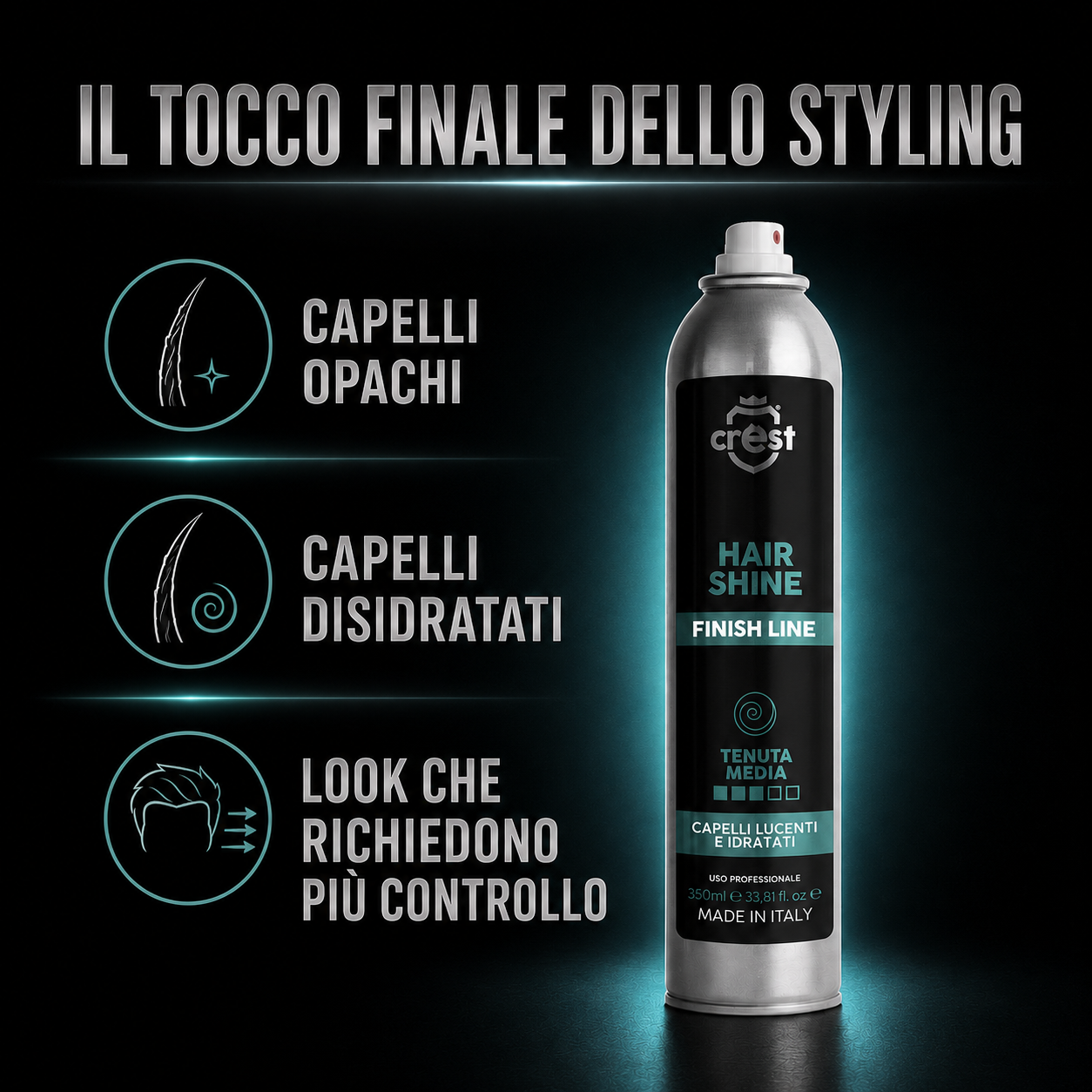 CREST Hair Shine come tocco finale dello styling per capelli opachi, disidratati e look che richiedono maggiore controllo.