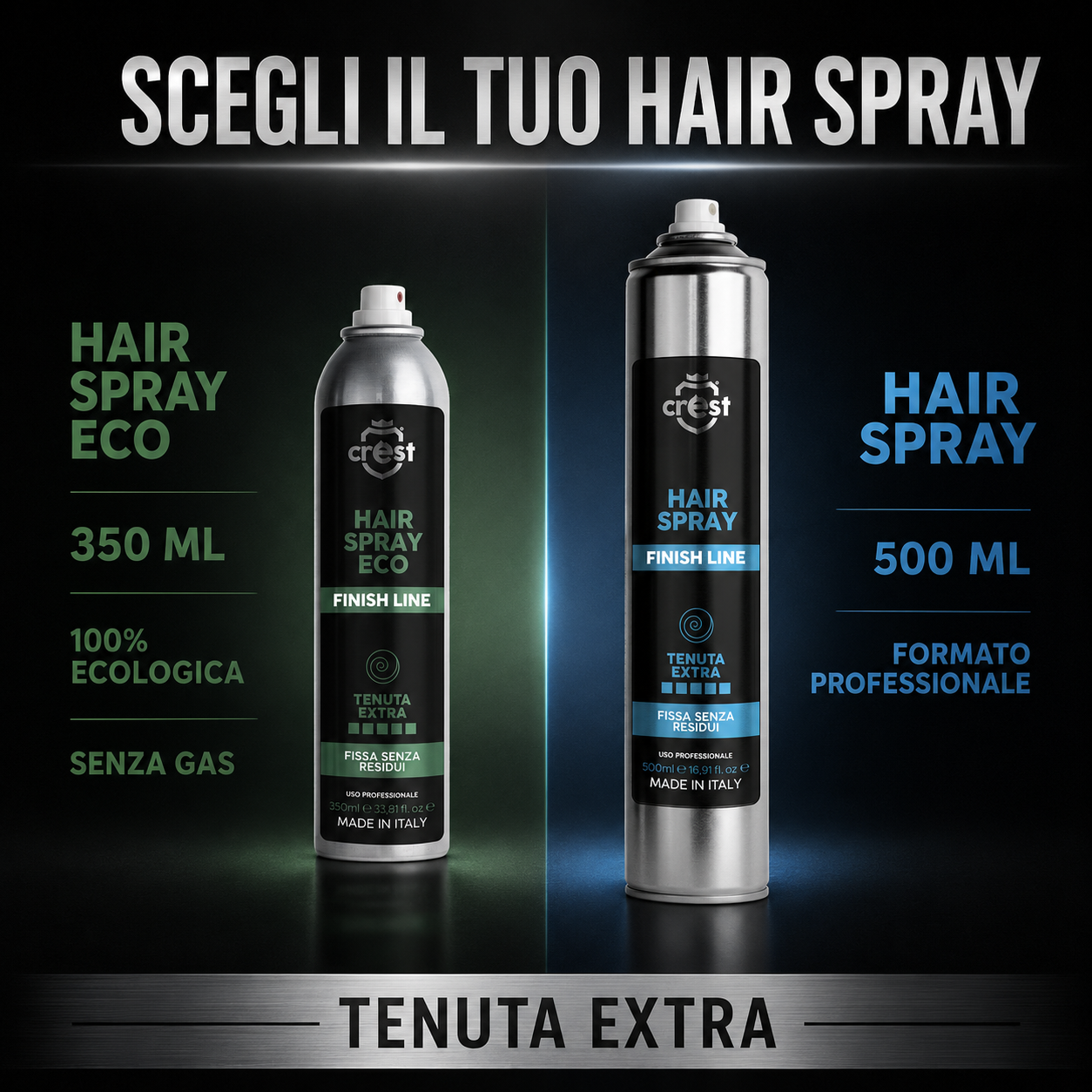 Confronto tra CREST Hair Spray Eco da 350 ml, ecologica e senza gas, e CREST Hair Spray professionale da 500 ml, entrambe a tenuta extra.