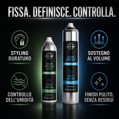 CREST Hair Spray Eco e Hair Spray professionale con benefici di styling duraturo, sostegno al volume, controllo dell’umidità e finish senza residui.
