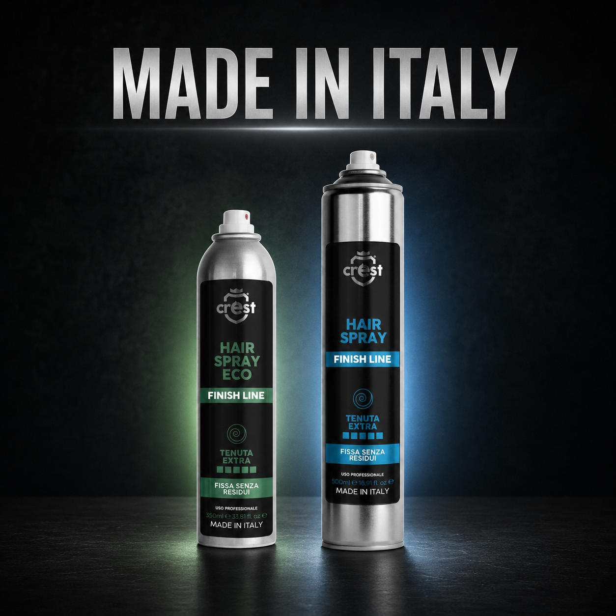 CREST Hair Spray Eco da 350 ml e Hair Spray professionale da 500 ml in un’ambientazione premium dedicata al Made in Italy.
