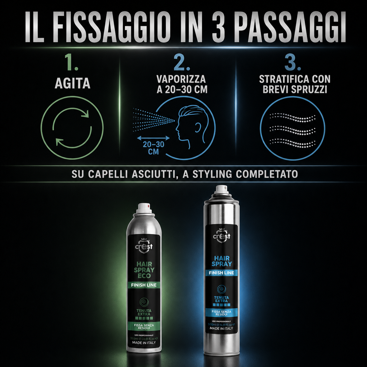 Modalità d’uso di CREST Hair Spray Eco e Hair Spray professionale: agitare, vaporizzare a 20–30 cm e stratificare con brevi spruzzi.