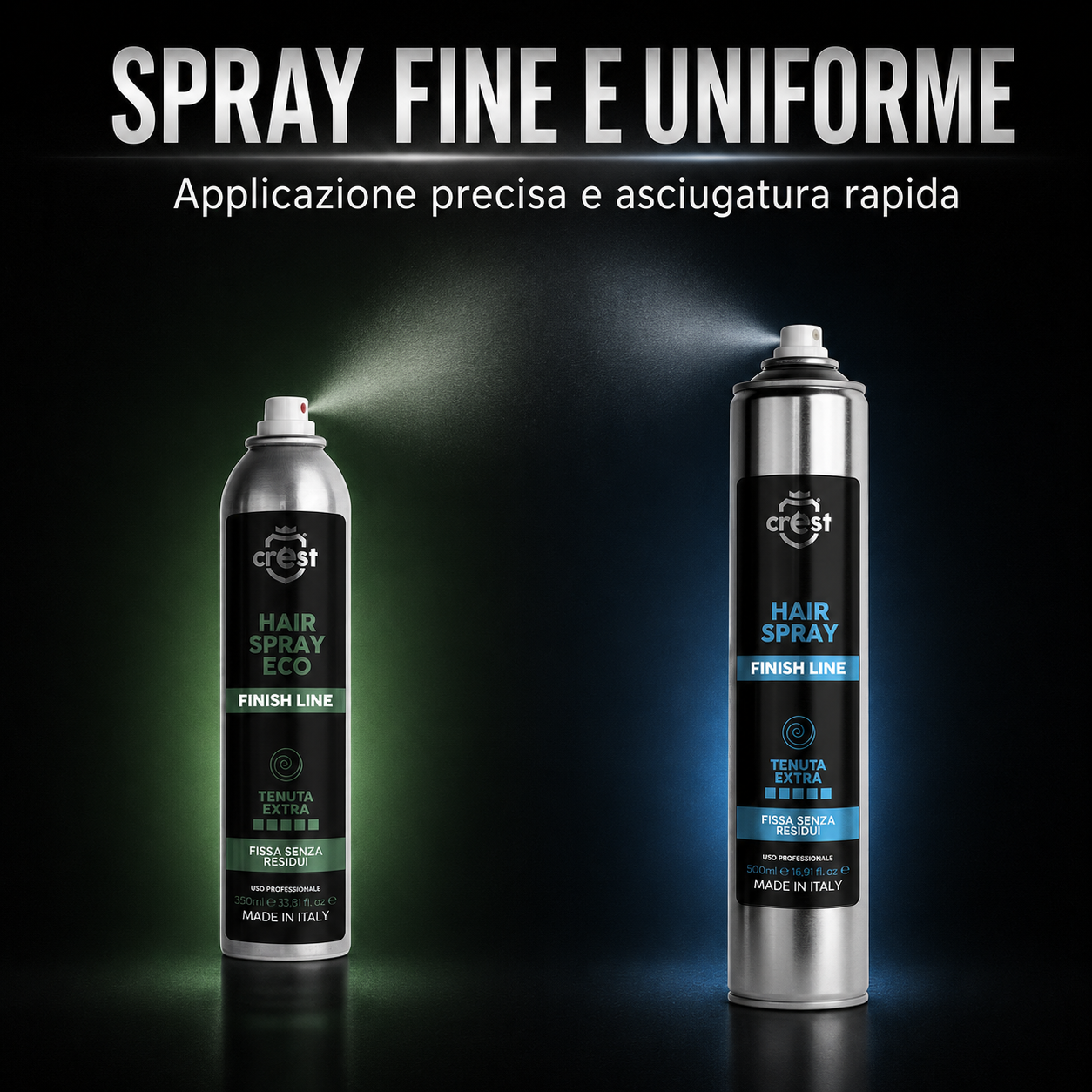 CREST Hair Spray Eco da 350 ml e Hair Spray professionale da 500 ml con nebulizzazione fine, applicazione uniforme e asciugatura rapida.