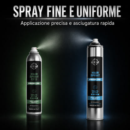 CREST Hair Spray Eco da 350 ml e Hair Spray professionale da 500 ml con nebulizzazione fine, applicazione uniforme e asciugatura rapida.