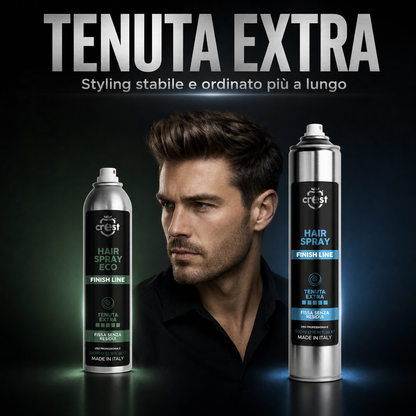 CREST Hair Spray Eco e Hair Spray professionale a tenuta extra con modello maschile dallo styling stabile, voluminoso e ordinato.
